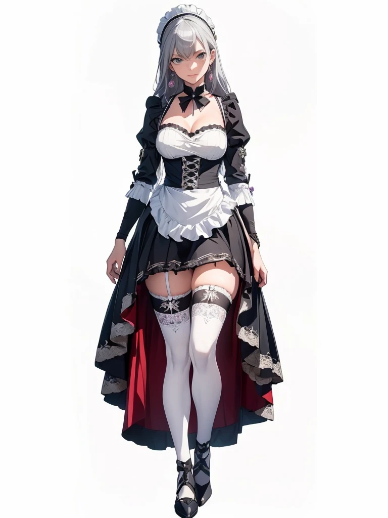 ((1girl, solo)), (((mature female))), beautiful body, (perfect anatomy, perfect body, perfect hands, perfect legs), (five fingers:1.5), natural proportions, sexy body, large breasts, cowboy shot, (legs apart:1.3) ((full body, full body front)) BREAK 

((extremely detailed face)), (beautiful detailed eyes:1.6), (realistic pupils, realistic iris:1), expressive eyes, looking at viewer, (clear eyes:1.3), (hyperrealistic:1.2), (detailed skin texture:1.2), smooth skin, (grey hair:1.5), grey eyes, long hair, drill hair, earrings, (detailed lips:1.2), (attractive lips:1.1), (glossy lips:1.1), ((grin)), parted lips, perfect face, perfect eyes BREAK

maid, ((maid outfit)), maid headdress, maid apron, frills, mini dress, cleavage cutout, white  collar, bow, juliet sleeves, long sleeves, white wrist cuffs, zettai ryouiki, thighs, (white thighhighs:1.5), black footwear, high heels BREAK

(masterpiece:1.5), anime-style, top quality, best quality, (beautiful and aesthetic:1.2), (ultra detail:1.5), Ultra-detailed depiction, Ultra-precise depiction, extremely detailed 8k illustration, high resolution, (highly detailed shading:1.2), (realistic lighting:1.4), perfect lighting, vibrant colors, dynamic tones, striking hues, 8k, absurd resolution, perfect shadows, hdr, UHD, ambient lighting, realistic, ultra-realistic, photo realistic, highly detailed, rich detail, luminous colors, fine texture, intricate design, professional illustration, (soft light:1.2), (illustration:0.7)
