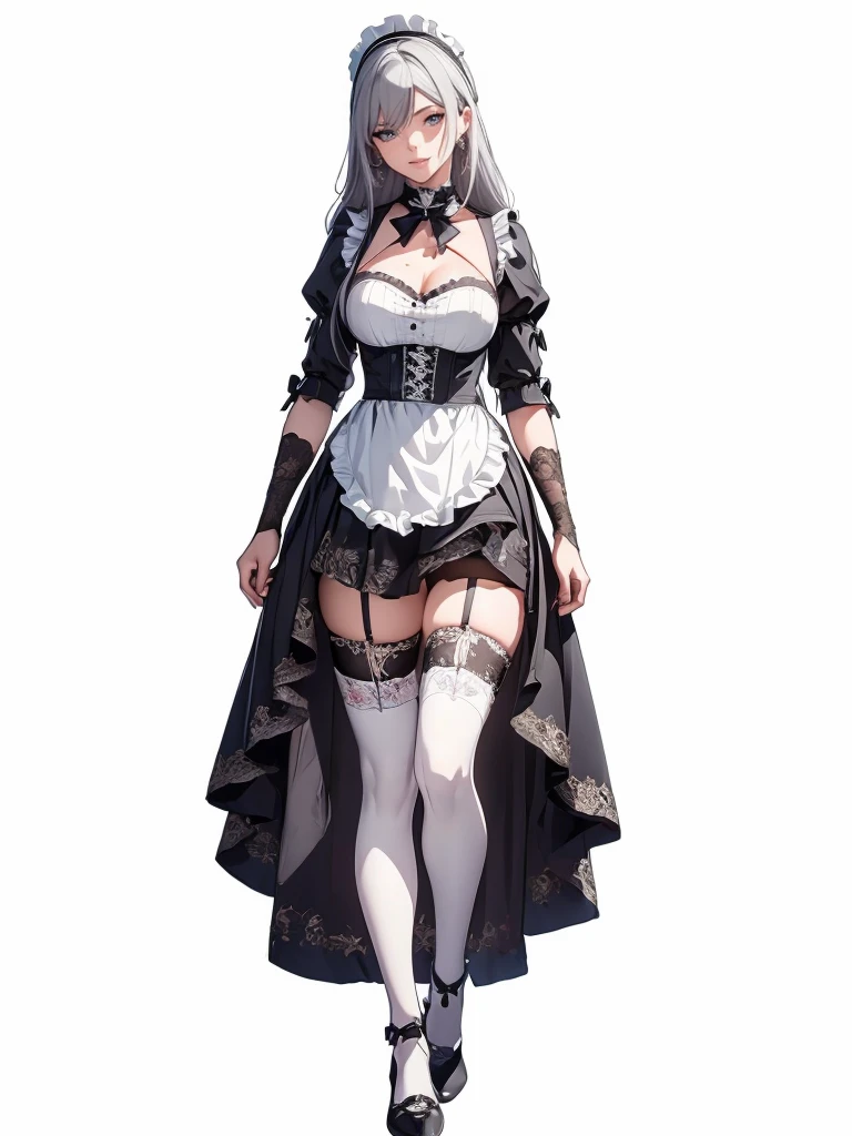 ((1girl, solo)), (((mature female))), beautiful body, (perfect anatomy, perfect body, perfect hands, perfect legs), (five fingers:1.5), natural proportions, sexy body, large breasts, cowboy shot, (legs apart:1.3) ((full body, full body front)) BREAK
((extremely detailed face)), (beautiful detailed eyes:1.6), (realistic pupils, realistic iris:1), expressive eyes, looking at viewer, (clear eyes:1.3), (hyperrealistic:1.2), (detailed skin texture:1.2), smooth skin, (grey hair:1.5), grey eyes, long hair, drill hair, earrings, (detailed lips:1.2), (attractive lips:1.1), (glossy lips:1.1), ((grin)), parted lips, perfect face, perfect eyes BREAK
maid, ((maid outfit)), maid headdress, maid apron, frills, mini dress, cleavage cutout, white collar, bow, juliet sleeves, long sleeves, white wrist cuffs, zettai ryouiki, thighs, (white thighhighs:1.5), black footwear, high heels BREAK
(masterpiece:1.5), anime-style, top quality, best quality, (beautiful and aesthetic:1.2), (ultra detail:1.5), Ultra-detailed depiction, Ultra-precise depiction, extremely detailed 8k illustration, high resolution, (highly detailed shading:1.2), (realistic lighting:1.4), perfect lighting, vibrant colors, dynamic tones, striking hues, 8k, absurd resolution, perfect shadows, hdr, UHD, ambient lighting, realistic, ultra-realistic, photo realistic, highly detailed, rich detail, luminous colors, fine texture, intricate design, professional illustration, (soft light:1.2), (illustration:0.7)