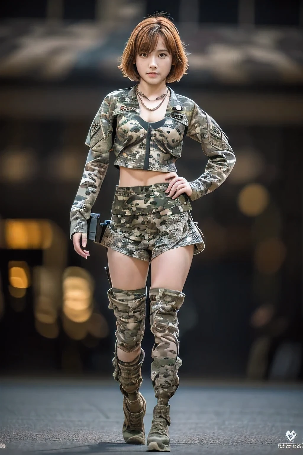(female warrior fighting on the battlefield:1.5)、(Serious face:1.5)、(18-year-old female:1.5)、(The best quality at its best:1.4), (Super detailed), (Very detailed CG unified 16k), Beautiful woman with perfect figure: 1.4, Sharp focus: 1.2, Very detailed, High-quality RAW color photos, Professional photography, Great face and eyes, cosmetics, (Amazingly beautiful girl), ((Wearing camouflage combat uniforms:1.5)), Realistic movie faces, Full body long view from head to toe, Realistic, ((Realistic natural orange red hairstyle)), ( Short Bob Hair:1.5), (necklace:1.5)、, Very beautiful face, Perfect model beauty, Mouth swelling, Highly detailed face and skin texture, Fine grain, double eyelid, Medium chest, (masterpiece), Highest quality, High resolution, Very detailed, Blurred Background, Depth of written boundary, Cinema Lighting, Great legs, , Clear, well-maintained skin,((Full body shot from head to toe:1.5))
