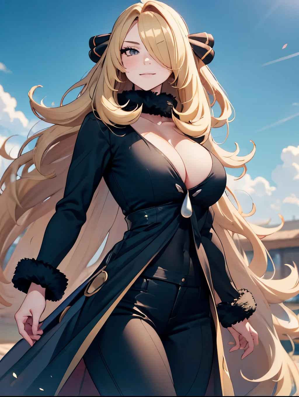 1girl, solo, looking at viewer, grey eyes, floating hair, defCynthia, blond hair, very long hair, big hair, hair over one eye, one eye covered, hair ornament, fur collar, smile, deep cleavage, black gown, long sleeves, black pants, outdoors, cowboy shot, gigantic breasts