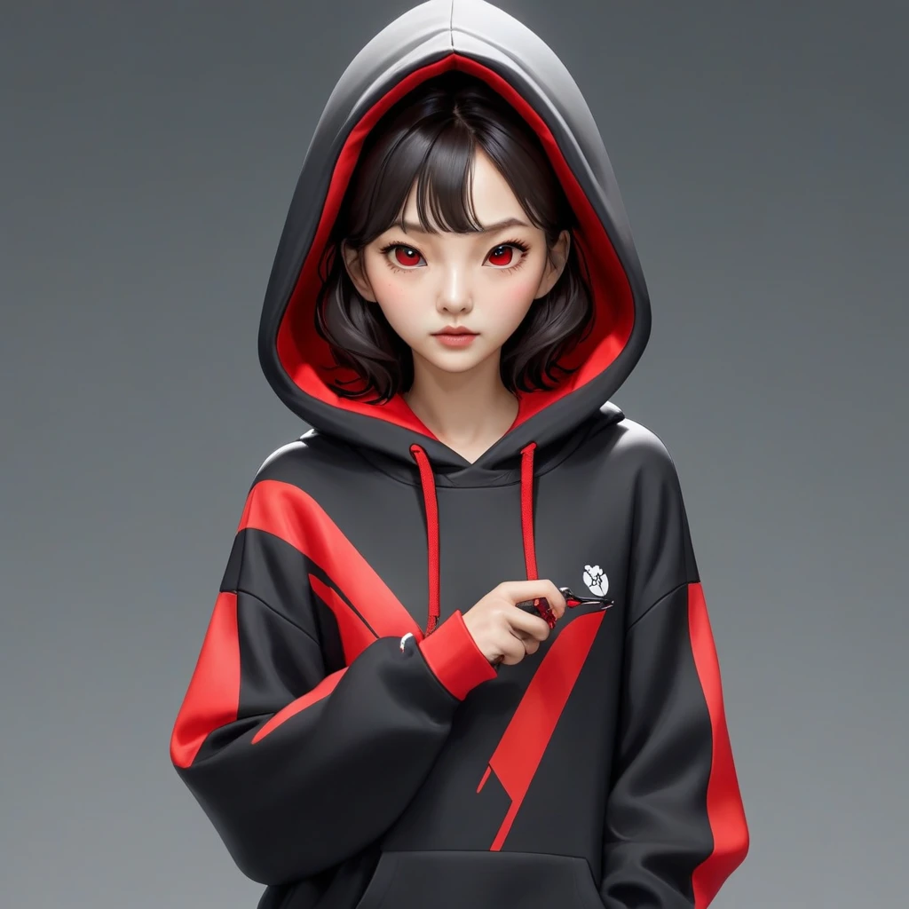 Kang Sae-byeok, Squid Game, Jung Ho-yeo, holding a knife with her hand, wearing a black hoodie with red details, simple background,cool anime pose, realistic, realistic proportions
