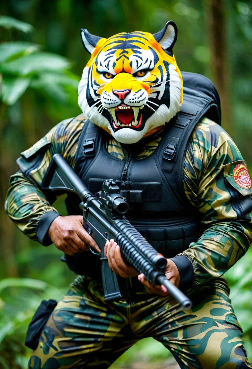 (a dark-skinned fat old man in a bulky camouflage zipper diver suit) shooting with a gun and (wearing roaring siberian tiger mask that show the wearer eyes), muscular, Basuki Abdullah, sumatraism, action, a character portrait, heroic, fierce, snarling