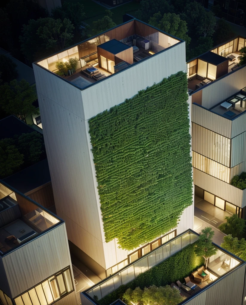Skyscraper office building with green trees at night,Alafud View,City with tall buildings illuminated at night, skyscraper forest community, skyscrapers with greenery, neo kyiv, full building, Surrealism, Surrealism, Vincent Callebaut, Vincent Callebaut composition, Sunny Day, Architectural renderings, Aerial View, detailed picture, Housing, Architectural Visualization,masterpiece,High Detail,HD resolution,8K,