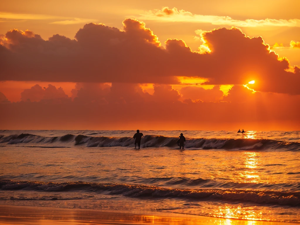 a beautiful sunset on a tropical beach, sun setting over the ocean, waves crashing against the shore, warm golden light, silhouettes of palm trees, pink and orange sky, serene and peaceful atmosphere, people walking along the beach, soft sand, reflections in the water, birds flying in the distance, long exposure photography, cinematic lighting, vibrant colors, detailed and realistic