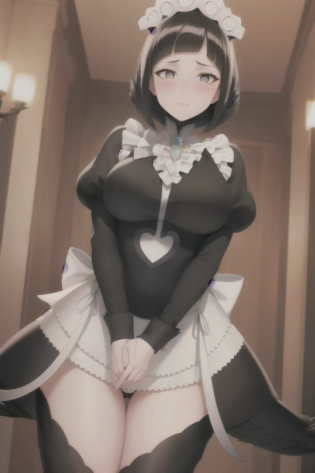 masterpiece, best quality, 1girl, solo, looking at viewer, standing, feliciadef, black hair, bob cut, black eyes, black pupils, maid, maid headdress, maid apron, maid dress, black panties, thigh highs, gigantic breasts, natural breasts, shy, blushing, full body, high heels, hands joined, bedroom eyes, hallway, red carpet, candlestick, darkness, late night, holding body, in top of the viewer, from below, horny,