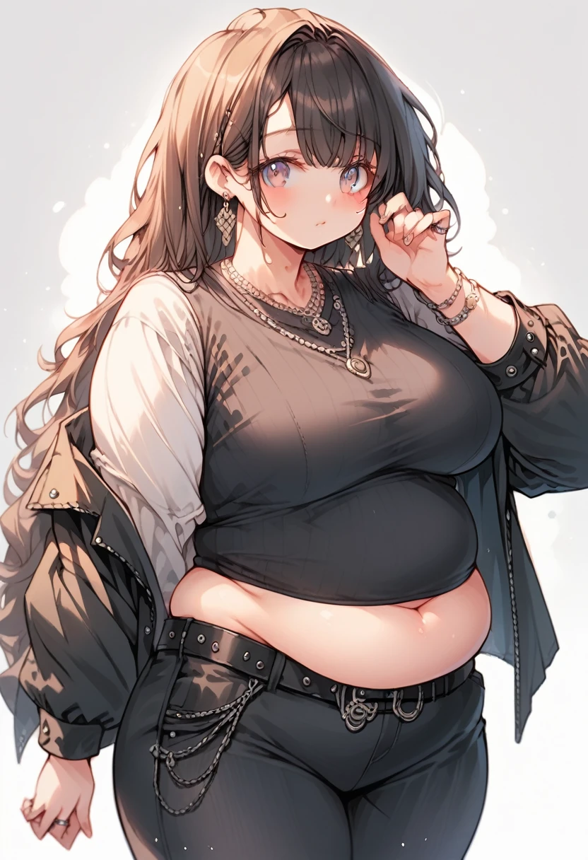 Curvy anime girl, overweight fat girl, pretty anime girl, beautiful chubby anime girl, big tummy, large breasts, wide hips, curvy butt, stomach rolls, stomach bump, fashionable, cool clothes, fun clothes, fashion, accessories, jacket, jewelry, bracelet, earrings, necklace, rings, accessories, belt, skirt, dress, pants, shirt, long shirt, low cut tshirt, baggy shirt, cute, cool fashionable girl