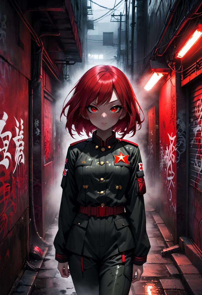 1girl, black and red army suit, hidden face, red hair, red eyes, dark alley, red graffiti, japanese led, fog