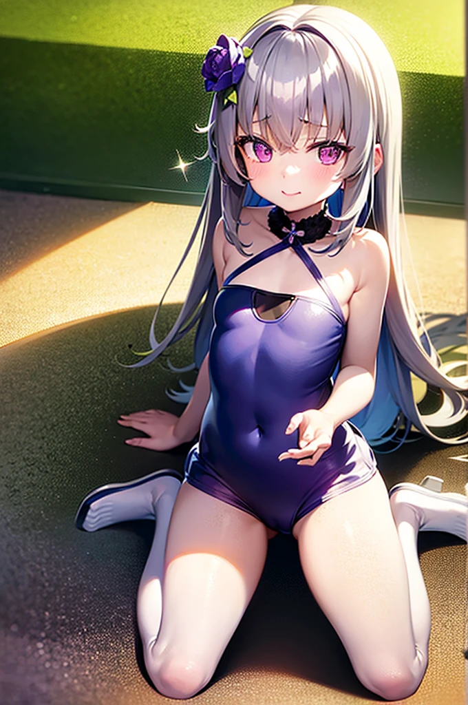 Himari Meimei, masterpiece, slim thighs, petit body, little young girl, flat chest, {1 Girl}, Cute and shy smile, Highly detailed sparkling purple eyes, In summer beach, nudist beach, 困り眉, open legs, legs up, silver grey hair, lying on beach bed
