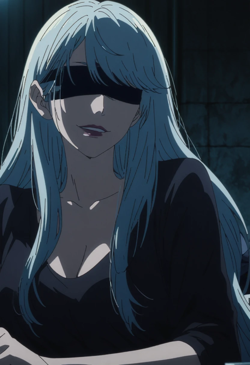 1girl, female gojo satoru, anime screencap from jujutsu kaisen, gojo satoru female version, solo, very long_hair, ((smooth texture hair)) ((black blindfold)), ((very long white_hair)), night view, breasts, upper_body, smile, indoors, book, bangs, lips (( very long hair, swept bangs)) wearing black color sweater, breast, "very detailed and high resolution" (black blindfold) ((one hand on the chin)) ((smooth texture hair)) ((solo)) ((high resolution)) ((upper body)) (Good quality) cleavage, (sitting)