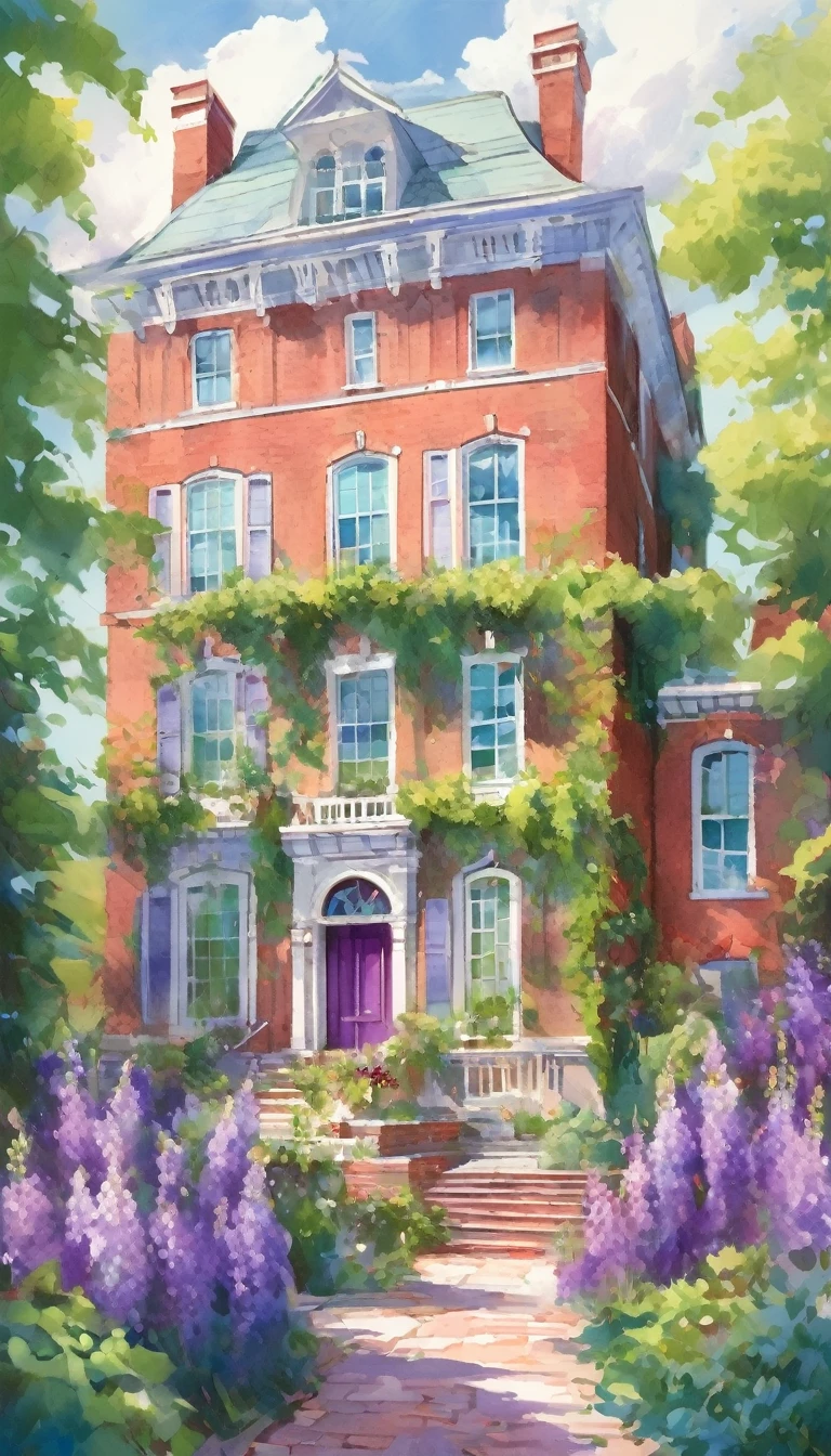 A hand-drawn, colorful illustration of a grand building with red bricks and white accents. The building has green ivy, purple wisteria, and a green door. There are tall windows with white trim and flowering bushes in front. The sky is blue with a few clouds. The overall style is a vibrant, painterly illustration.
