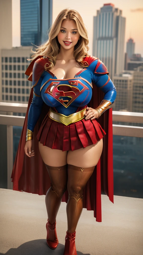 Supergirl, 27 years old, full body shot, Beautiful woman (((shoulder length wavy caramel blonde hair))) (bangs:1.2) defined body, Red lipstick, smiling, hands free, standing, (huge_breasts:1.3) (very full figure, curvy, chubby, very soft, very thick, big breasts, sexy, sexy pose, fat thighs) ((( short sleeve, sparkling blue and red leotard, flowing red cape, red pleated skirt of Supergirl))), rooftop city night, (curvy:1.4)