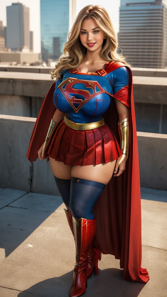 Supergirl, 27 years old, full body shot, Beautiful woman (((shoulder length wavy caramel blonde hair))) (bangs:1.2) defined body, Red lipstick, smiling, hands free, standing, (huge_breasts:1.3) (very full figure, curvy, chubby, very soft, very thick, big breasts, sexy, sexy pose, fat thighs) ((( short sleeve, sparkling blue and red leotard, flowing red cape, red pleated skirt of Supergirl))), rooftop city night, (curvy:1.4)