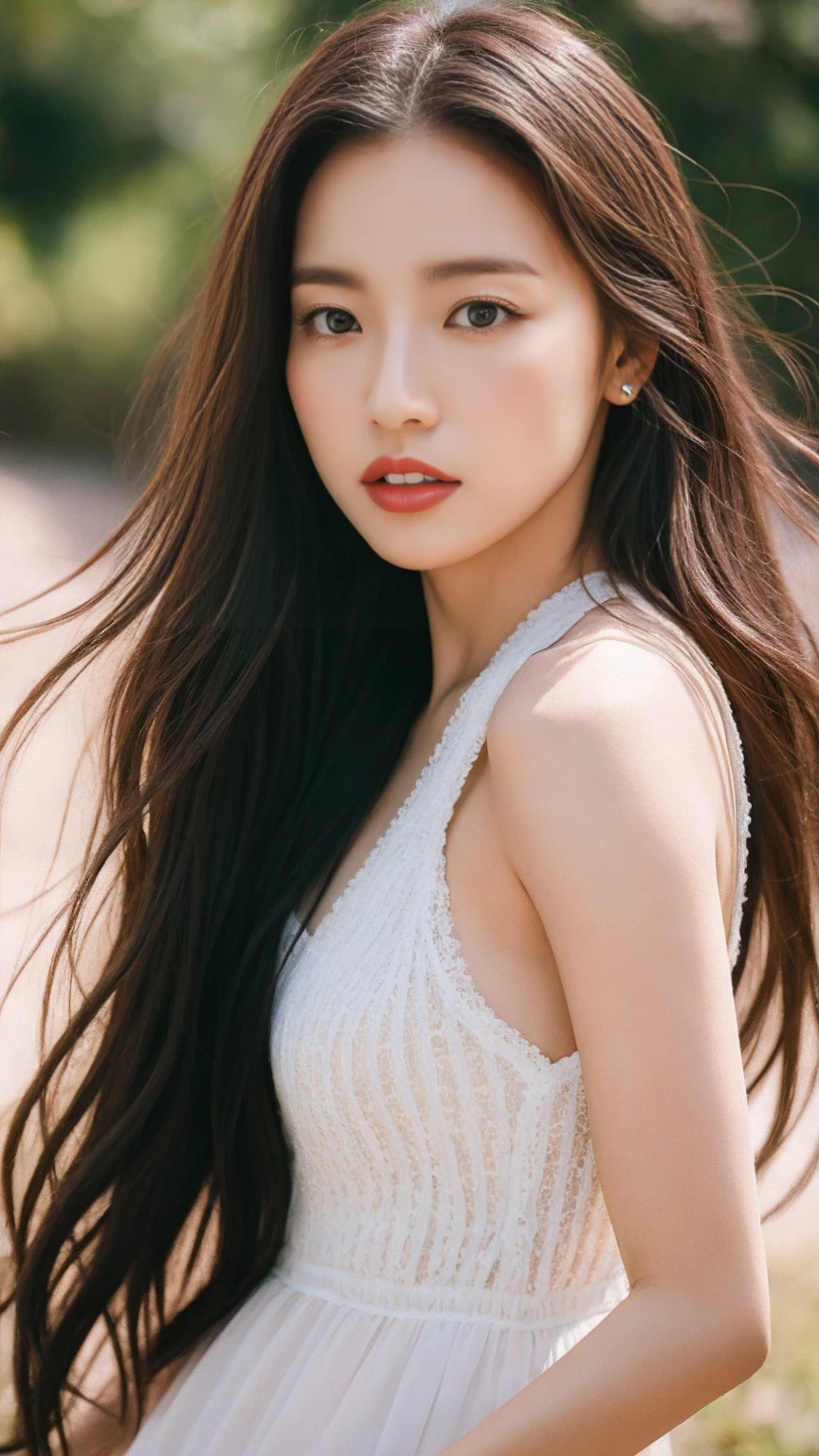 Highest quality, masterpiece, Ultra-high resolution, Realistic, RAW Photos, ((Beautiful woman)), 22 years old, Detailed face, Beautiful Eyes, (look into the viewer'Eyes), Highest qualityのリアルな質感の肌, fine grain, Detailed face, Accentuates body lines, Enhances the beauty of skin texture, Captivating bust, Sexy Eyes, Red dress, Queen, Black Hair, Straight hair, whole body, ((Sexy pose)), ((Attractive pose))