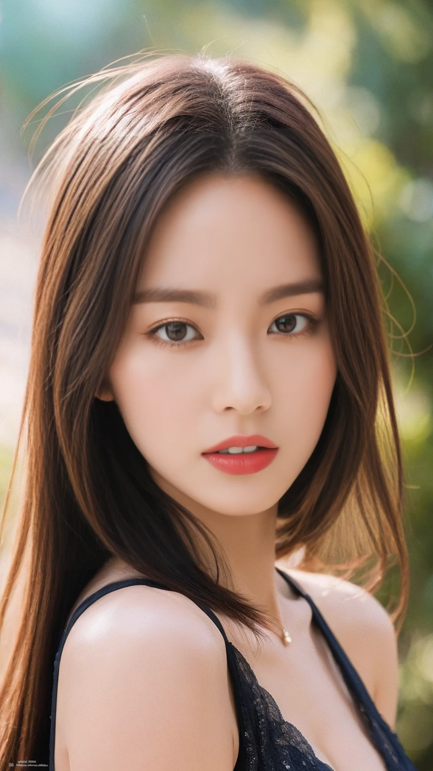 Highest quality, masterpiece, Ultra-high resolution, Realistic, RAW Photos, ((Beautiful woman)), 22 years old, Detailed face, Beautiful Eyes, (look into the viewer'Eyes), Highest qualityのリアルな質感の肌, fine grain, Detailed face, Accentuates body lines, Enhances the beauty of skin texture, Captivating bust, Sexy Eyes, Red dress, Queen, Black Hair, Straight hair, whole body, ((Sexy pose)), ((Attractive pose))