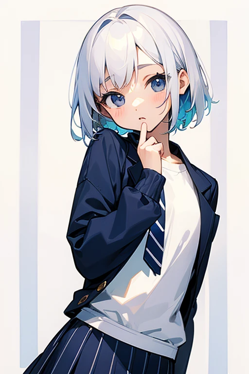 Short white hair, 16 years old、White shirt、Navy blue striped jacket、Cute Skirt、Embarrassing、Background is white、