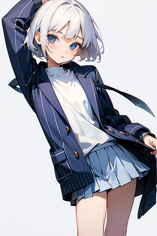 Short white hair, 16 years old、White shirt、Navy blue striped jacket、Cute Skirt、Embarrassing、Background is white、