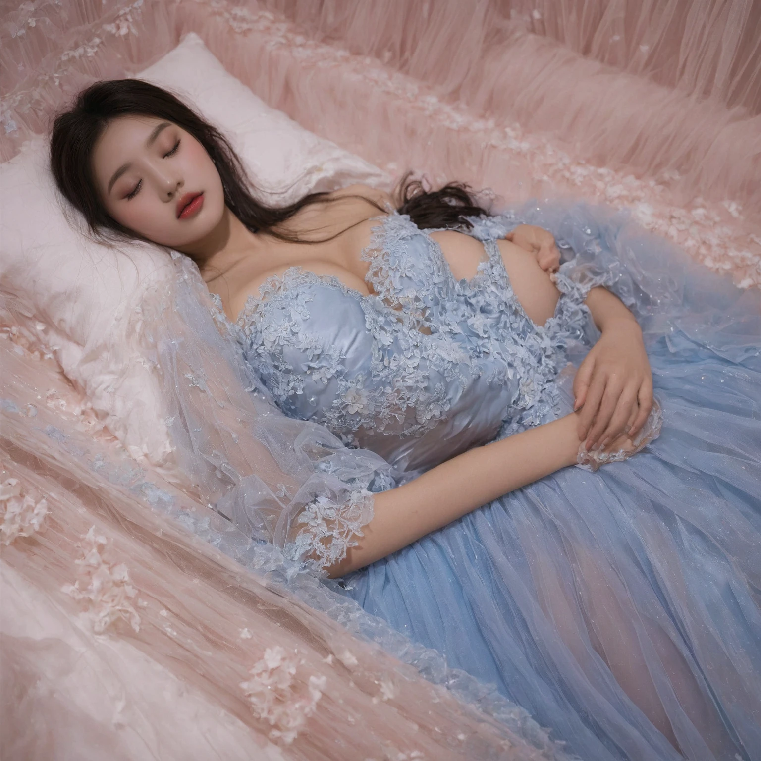 A provocative and sensual image unfolds before us. Two Korean girls, 22 years old, lie asleep in a deep, black coffin surrounded by plush pillows. They wear blue see-through dresses with lace details, off-shoulder designs, sleeve, and huge skirts that cascade around their bodies. The dresses are cut low to showcase their beautiful breasts, fixed with a subtle cleavage cutout. Their faces are flawless, with perfect eyebrows, eyelashes, and skin tone. One girl's hair is styled in a ponytail with bangs framing her face, while the other has a bun adorned with wisps of hair framing her closed eyes. The overall atmosphere is one of intimacy and sensuality, with saturated colors enhancing the mood. Note the visible breasts and perfectly manicured hands that peek out from beneath the skirts, which are strategically covered to conceal their legs, ba11g0wn 