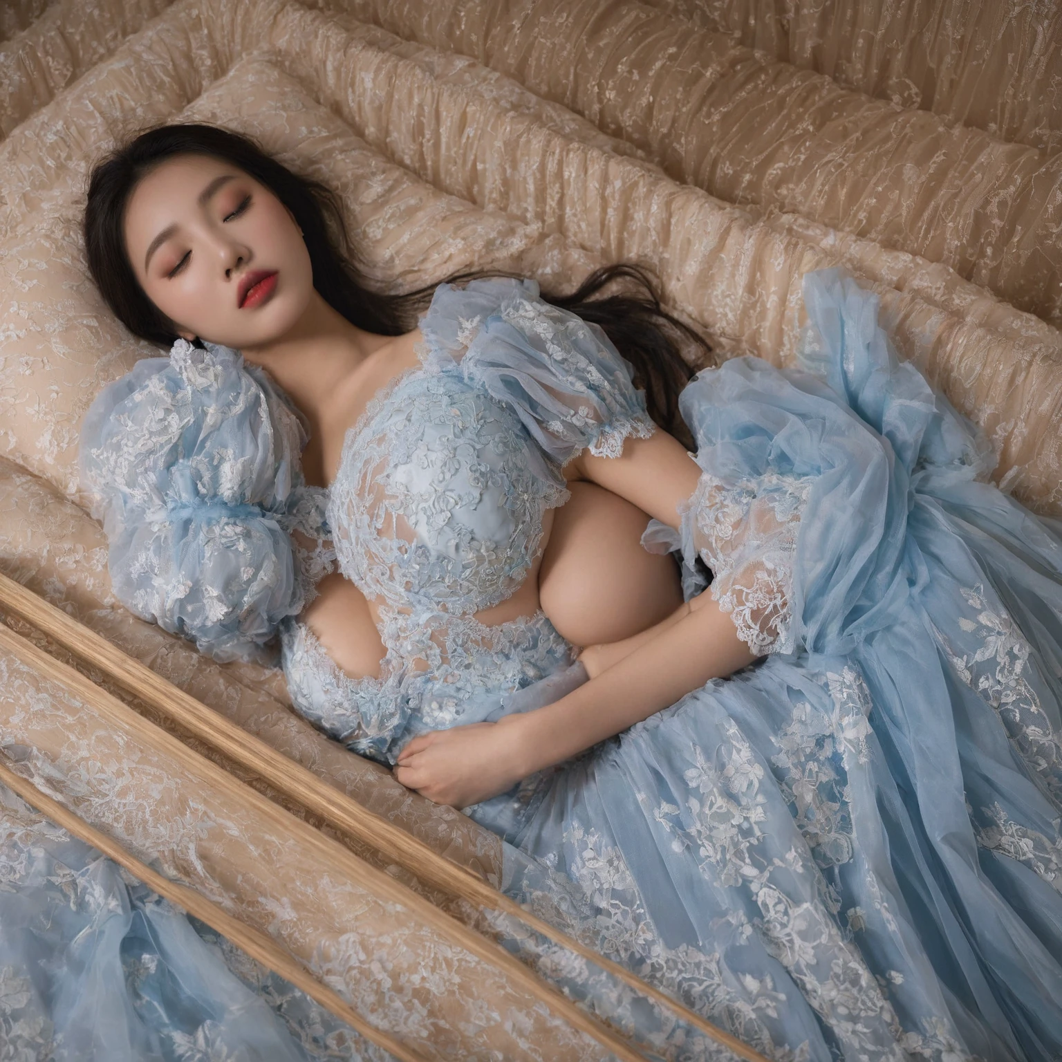 A provocative and sensual image unfolds before us. Two Korean girls, 22 years old, lie asleep in a deep, black coffin surrounded by plush pillows. They wear blue see-through dresses with lace details, off-shoulder designs, sleeve, and huge skirts that cascade around their bodies. The dresses are cut low to showcase their beautiful breasts, fixed with a subtle cleavage cutout. Their faces are flawless, with perfect eyebrows, eyelashes, and skin tone. One girl's hair is styled in a ponytail with bangs framing her face, while the other has a bun adorned with wisps of hair framing her closed eyes. The overall atmosphere is one of intimacy and sensuality, with saturated colors enhancing the mood. Note the visible breasts and perfectly manicured hands that peek out from beneath the skirts, which are strategically covered to conceal their legs, ba11g0wn 