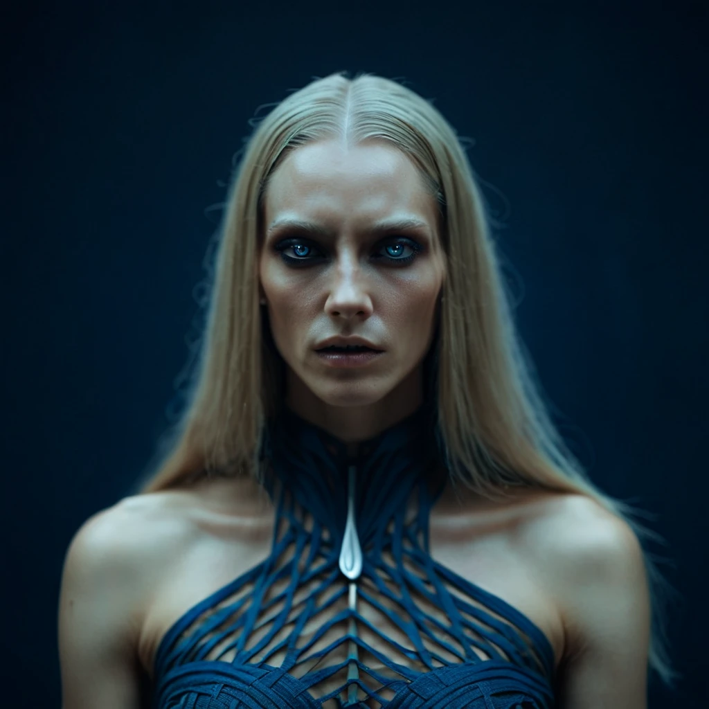 Fashionable of androgynous alien looking witch wearing veil, glowing eyes, beautiful evil slavic muscular woman, pale skin, long dark blond hair, futuristic design, minimal details, givenchy, photoreal, 200mm, hd, f/ 2.0, highly detailed, surreal , drop dead, in the style of red and blue, (intricate details, hyperdetailed:1.15) (skin texture:1.2), cinematic, professional, 4k, (((dynamic model pose))), sitting, full body, mesmerizing, dynamic, dramatic, sensual, dynamic pose, highly detailed skin with hair, subcutaneous veins, light and shadow play, highly detailed,24mm photograph, film, bokeh, professional, 4k,