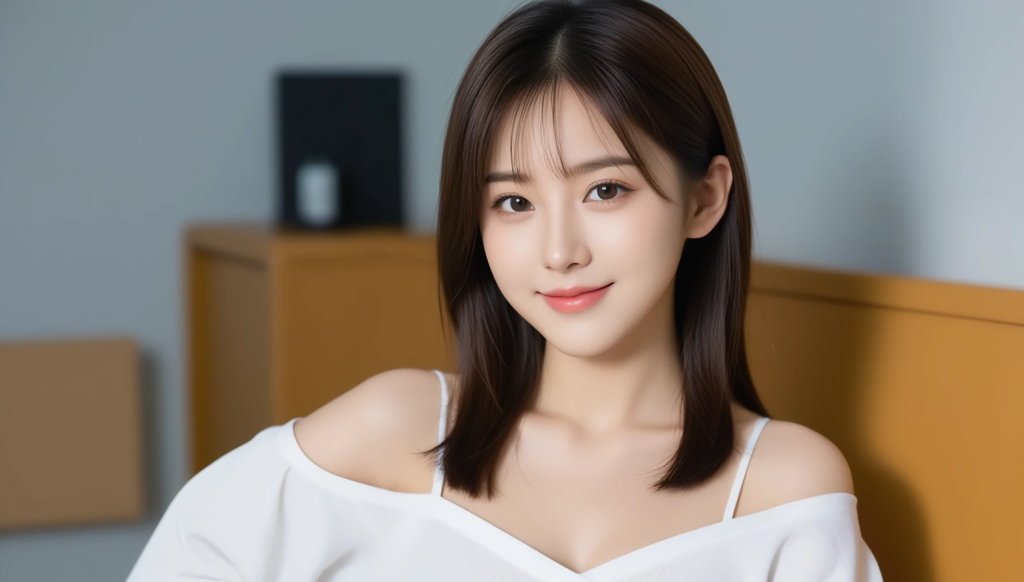 8K, Ultra-high resolution, Highest quality, masterpiece, 三分割法によるphotograph,Surreal, photograph, 1 Girl, (:1.3), pretty girl, Cute face, Beautiful eyes in every detail, 細かくdetailedに,masterpiece,, One Girl:1.2, Japan Female Announcer, Virginia Otis 15 year old up,backlighting,Bob with bangs,(Black ribbon hair band)、(Brown eyeball:1.5),Brown Hair,(Off-the-shoulder outfit:1.5),Sexually suggestive side boob、small breasts and narrow waist、Perfect figure,Perfect Proportions,View your viewers,(Office Room,Inside the room,にdetailedな背景:1.2),smile,Glossy Skin, Real skin texture, Natural light, Best lighting, detailedの背景, Shading of details, Sharp focus, Depth of written interface f/2, saturation, High contrast, 強烈なLight and shadow色気ムンムン,Sensual,A carefree smile,Heal the heart、beauty,Long neck、少しsmile、Please close your mouth and laugh、(((Ideal body type))),A cup small breasts :2,、Portraiture:2、Perfect Anatomy、なdetailed、detailed、Surreal、Light and shadow,Strong light