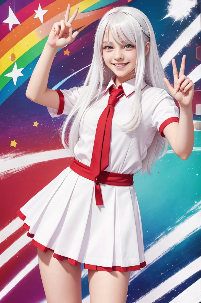 A white hair man with red eyes, age 18, full body shot, wearing school dress, smiling and happy, in the style of anime, vibrant colors, detailed line work, energetic composition --ar 1:1