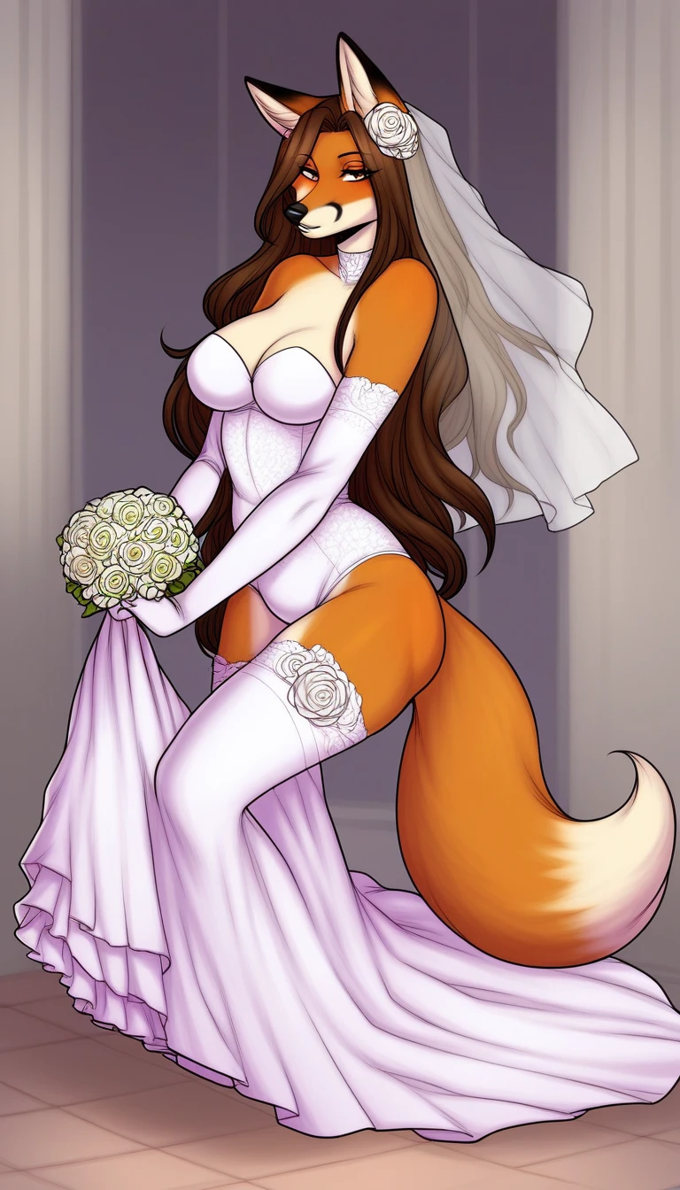 score_9_up, SimplePositiveXLv2, ((adult)), (fox:1.2), (solo), (female, furry, brown fur), (long hair, wedding haircut), (curvy body), (wedding dress), (seducing pose), (wedding room), scene background
