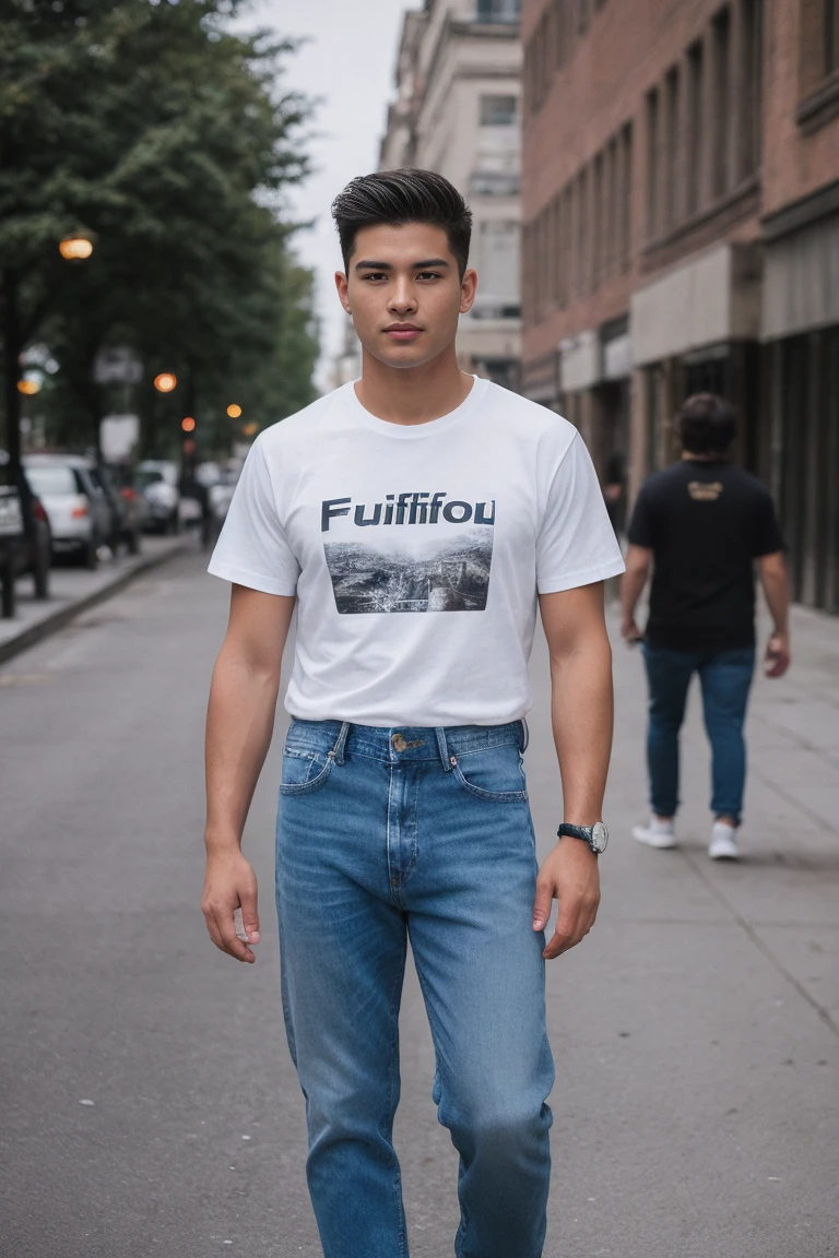 high quality, Raw photo, Realistic photography, whole body, Fujifilm XT3, Canon R5, Handsome men,high quality, Raw photo, Realistic photography, T-shirt and jeans, street atmosphere, there are no images on the t-shirt , White T-shirt .