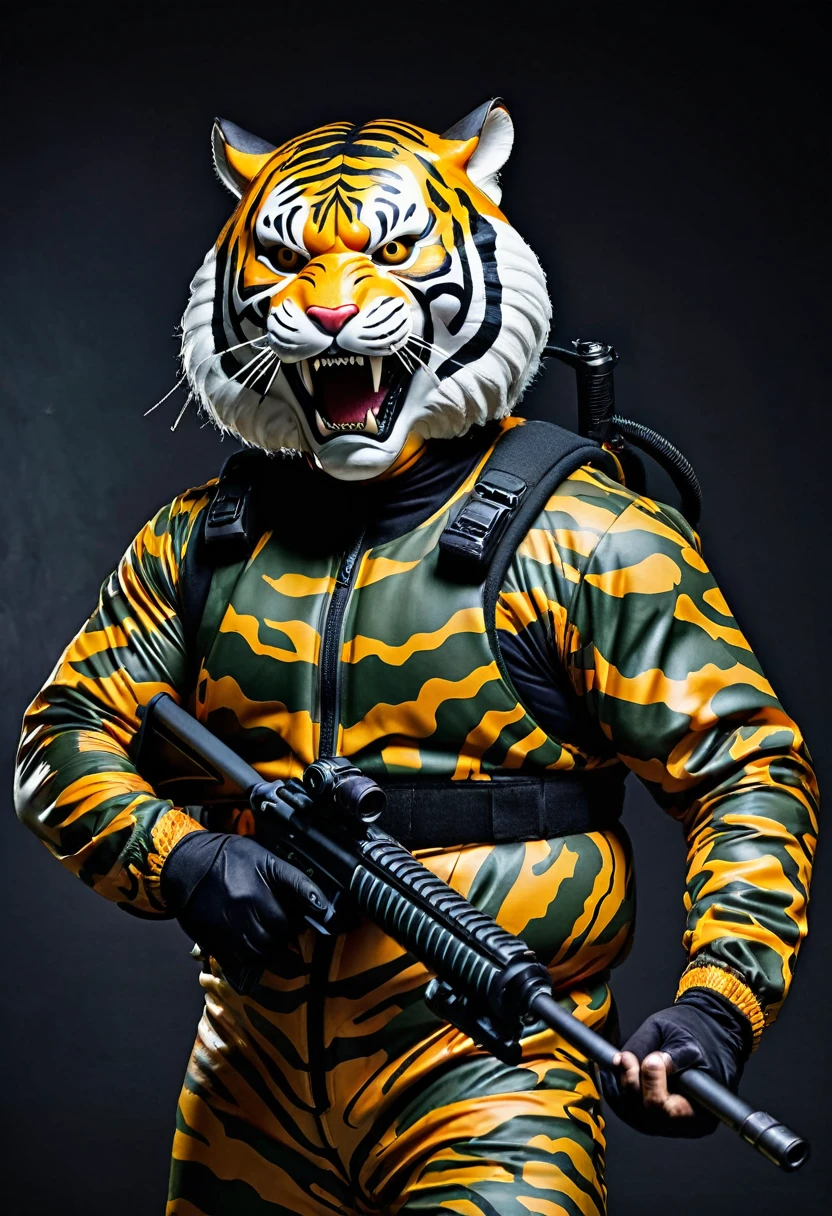 (a dark-skinned fat old man in a bulky camouflage zipper diver suit) shooting with a gun and (wearing roaring siberian tiger mask that show the wearer eyes), muscular, Basuki Abdullah, sumatraism, action, a character portrait, heroic, fierce, snarling