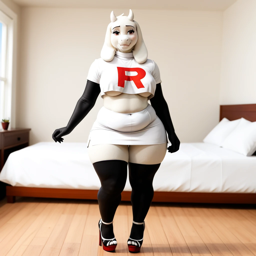 Furry, Toriel Dremurr, milf, slightly chubby, bedroom, fat ass, wide hips, curvy, voluptuos, stand, masterpiece, ultra high quality, detailed face, detailed hands, detailed body, heels, by fluffedwings, by blackwhiplash, sugestive, sexy, beatiful, shy smile, blushed, fat ass, fat breasts, team rocket,team rocket uniform, white skirt, red letter R, crop top, black thigh-highs, black elbow gloves, lifting her top, showing his breasts