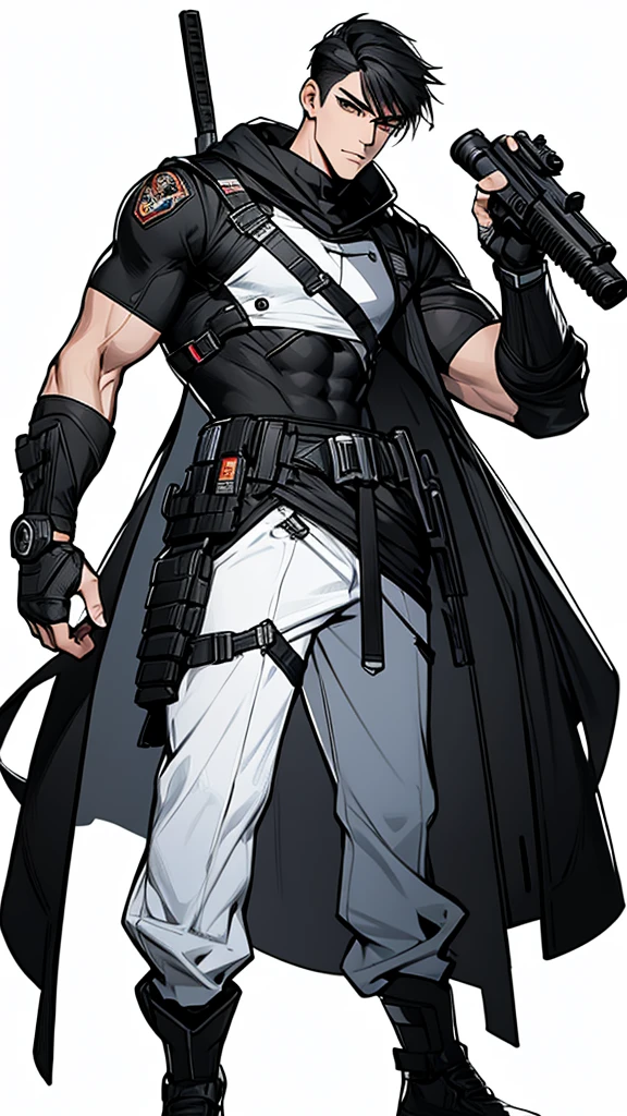 masterpiece, very detailed, 4K, 8K, 32,000, convoluted, (((1st son))), ((black hair)), ((no background)), white background, 20 years old, (((the same character))),Modern clothing, Detailed clothes, (slim body), (cold colors dim lighting) black hair eyes black (perfect face) ,character design police man, full body, black hair, soldier, {full body}, handsome, short sleeves, crazy attitude, dynamic pose