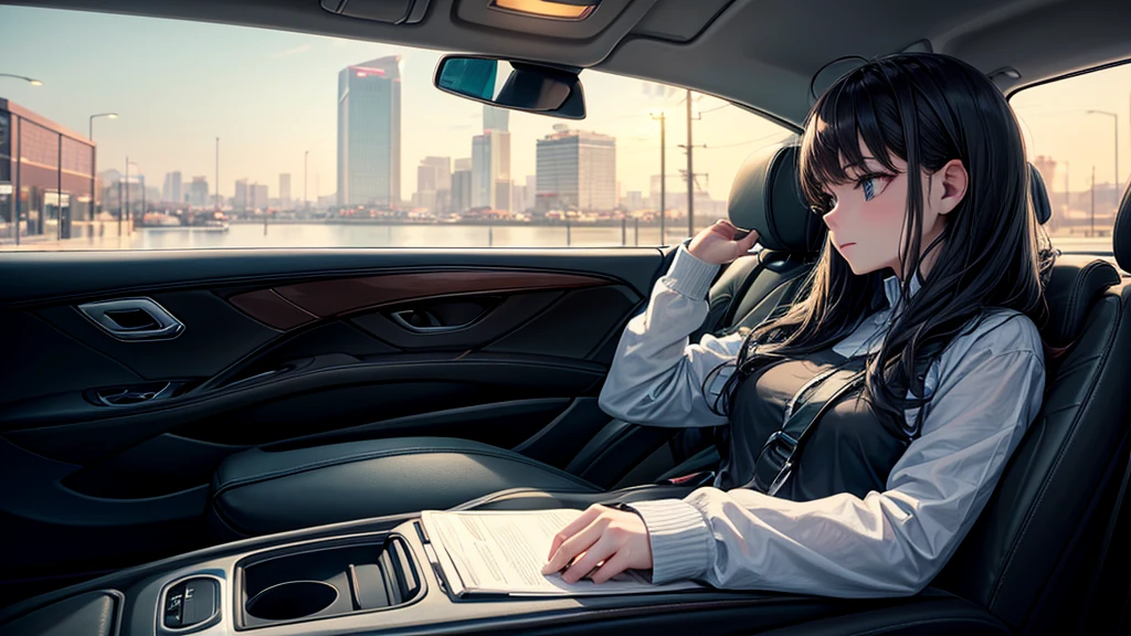 Create an image from the angle inside a car, showing a woman with a thoughtful expression on her face as she gazes out of the side window at the cityscape. The city outside should be visible, illuminated by streetlights and neon signs. Use soft, pastel colors and subtle gradients to capture a dreamy, reflective atmosphere. Ensure the interior of the car feels cozy and comfortable, adding to the overall serene vibe.