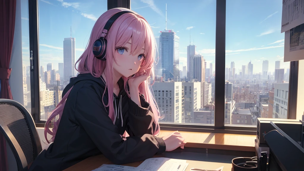 Absurd, Ultra-high resolution, (Official Art, beautifully、mysterious:1.2), Impressive eyes, Sit at a desk by the window and look outside, Girl listening to music with headphones, light pink long hair, Lo-fi Girl, and oversized hoodie, Bright Sky, A vast world, Kaisei and Artgelm, Anime atmosphere, Lofi art style, Anime style 8k, Anime Aesthetics, Lo-fi feeling, Anime Art Wallpapers 8K, An atmosphere of praise, Rooms with large windows, Emotional cityscape, city room, Correct human body composition