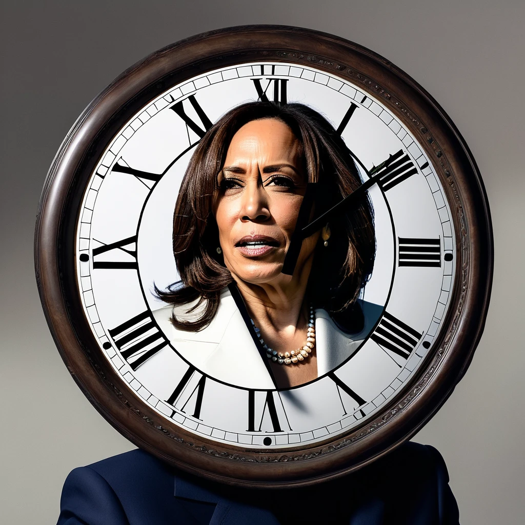 kamala Harris wearing a huge clock that is broken, conceptual art
