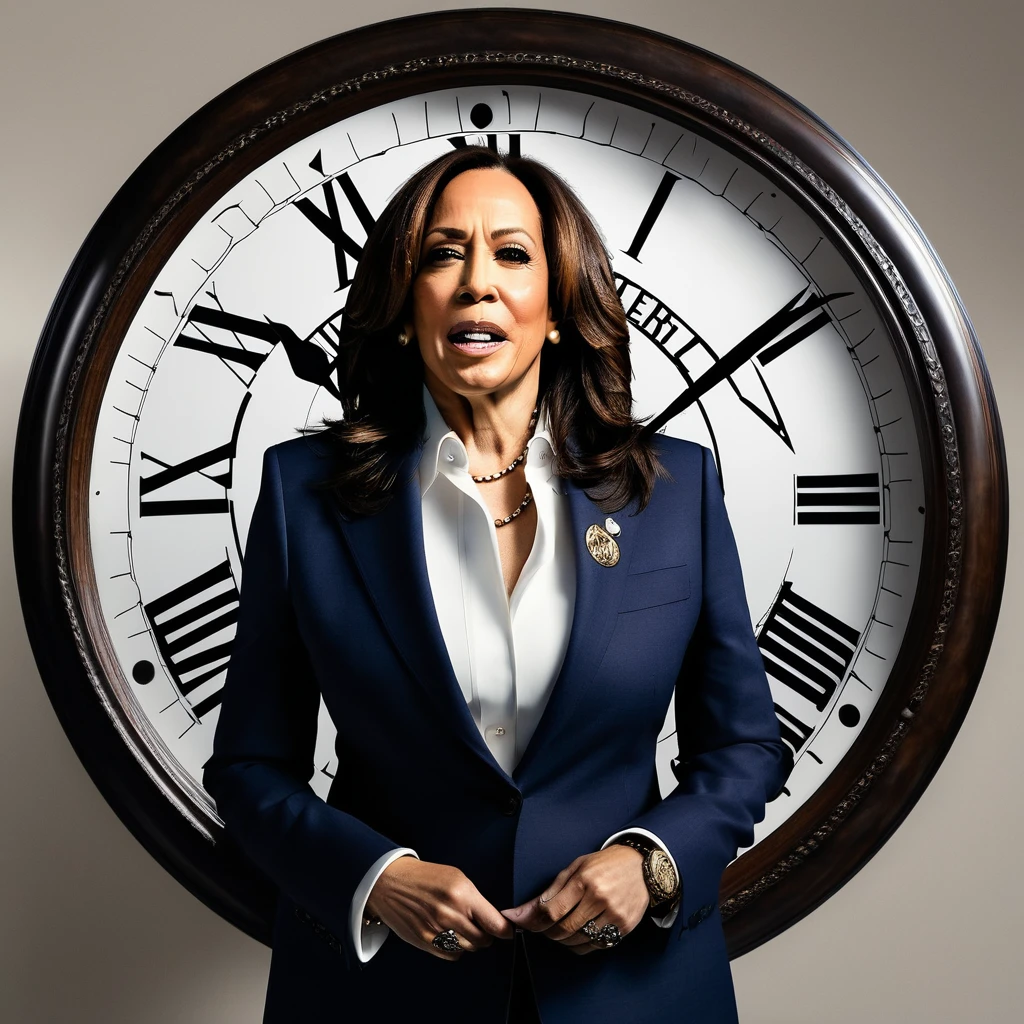 kamala Harris wearing a huge clock that is broken, conceptual art