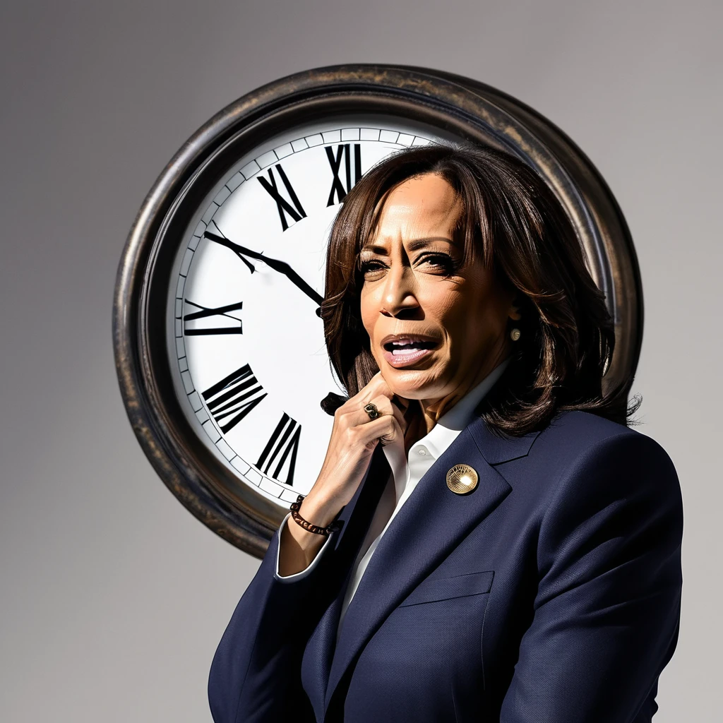 kamala Harris wearing a huge clock that is broken, conceptual art