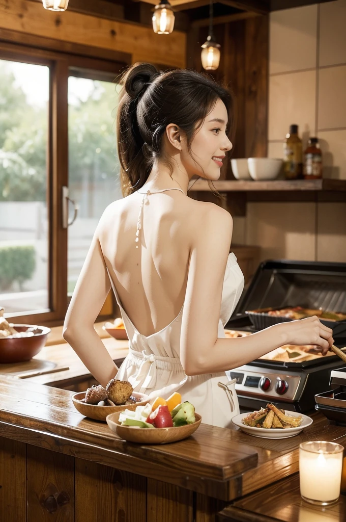 ((Best quality, 8k, Masterpiece :1.3)),  Sharp focus :1.2, 1 pretty Japanese girl with perfect figure :1.2, (big breasts:1.3), daytime, bright, (restaurant, carrying dishes:1.4), (wearing nude_kitchen_apron, back view:1.3), smile, Highly detailed face and skin texture, Detailed eyes, Double eyelid, tables,