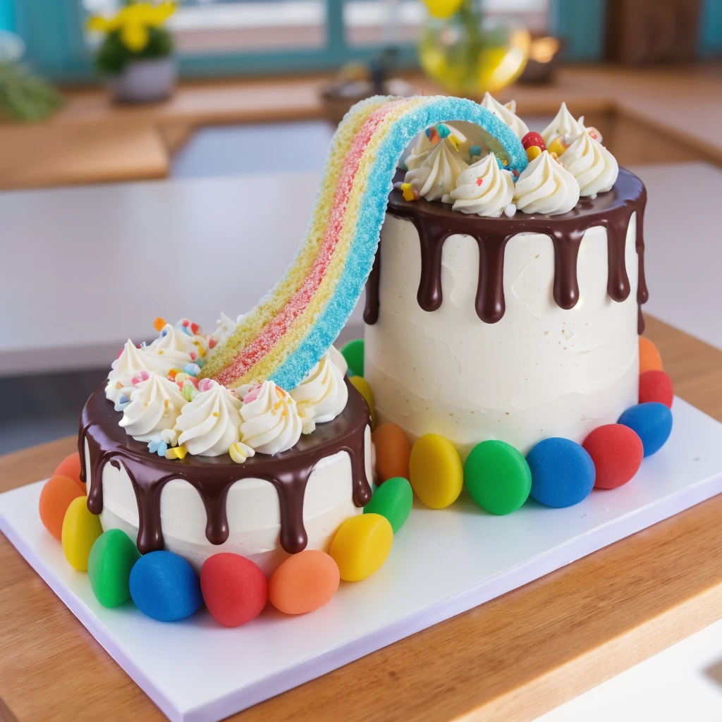 on a wooden table, on a porcelain plate, two cakes made of white cream, sugar candies on the bottom, chocolate ganache on the cake, white swirls on the chocolate ganache, window light, bright lights, soft light, window light, professional lighting, light from the window, neat light, realistic texture, realistic style, detailed texture, high quality, high resolution, high quality rendering, realistic photo, brightning light, macro photo