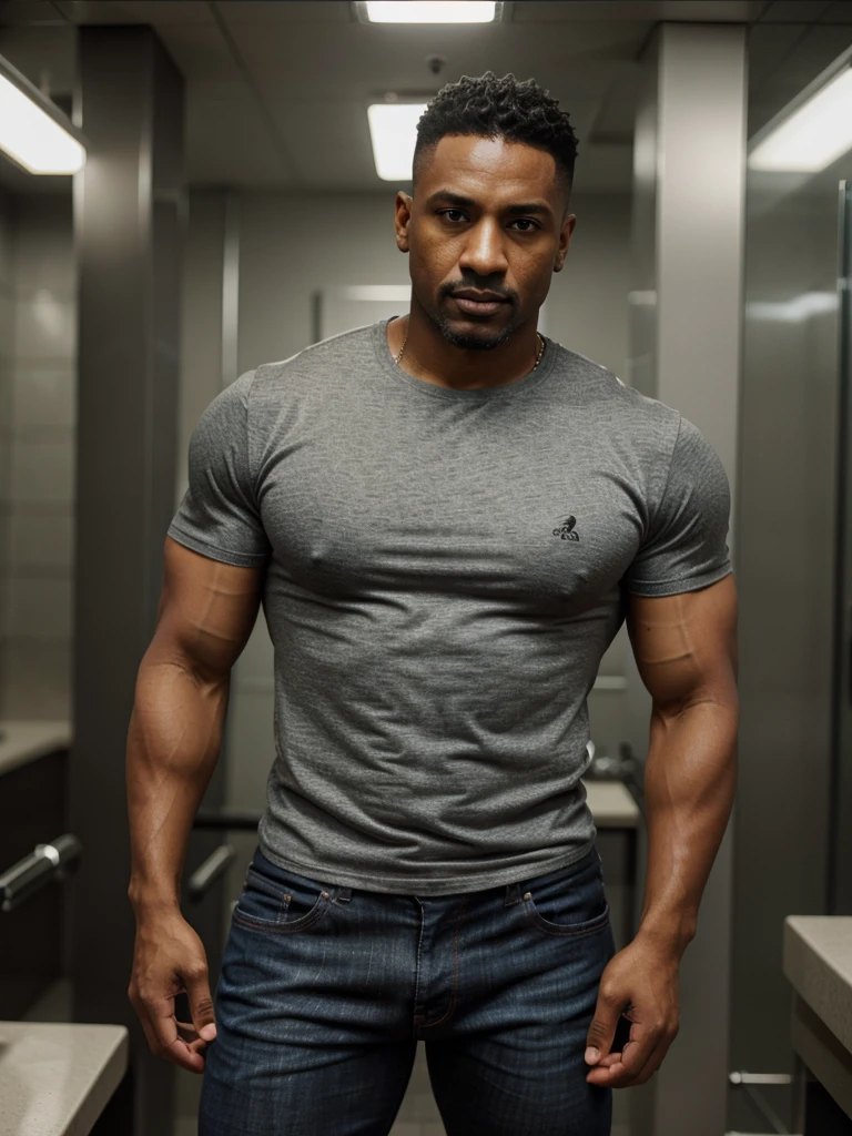 Masterpiece, Best Quality, ultra detailed, 1 man, mature male, muscular, piece, only, sportsman, beef, ????? skin, ?????, tanned skin, latino, 36 years old, ????? hair, gray fur, goatee, too short hair, looking at the viewer, serious expression, Gray shirt, half body shot, science fiction subway background, Full body with jeans, backwards