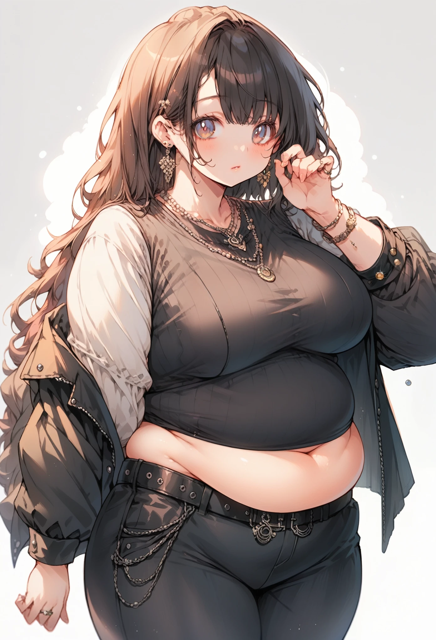 Curvy anime girl, overweight fat girl, pretty anime girl, beautiful chubby anime girl, big tummy, large breasts, wide hips, curvy butt, stomach rolls, stomach bump, fashionable, cool clothes, fun clothes, fashion, accessories, jacket, jewelry, bracelet, earrings, necklace, rings, accessories, belt, skirt, dress, pants, shirt, long shirt, low cut tshirt, baggy shirt, cute, cool fashionable girl