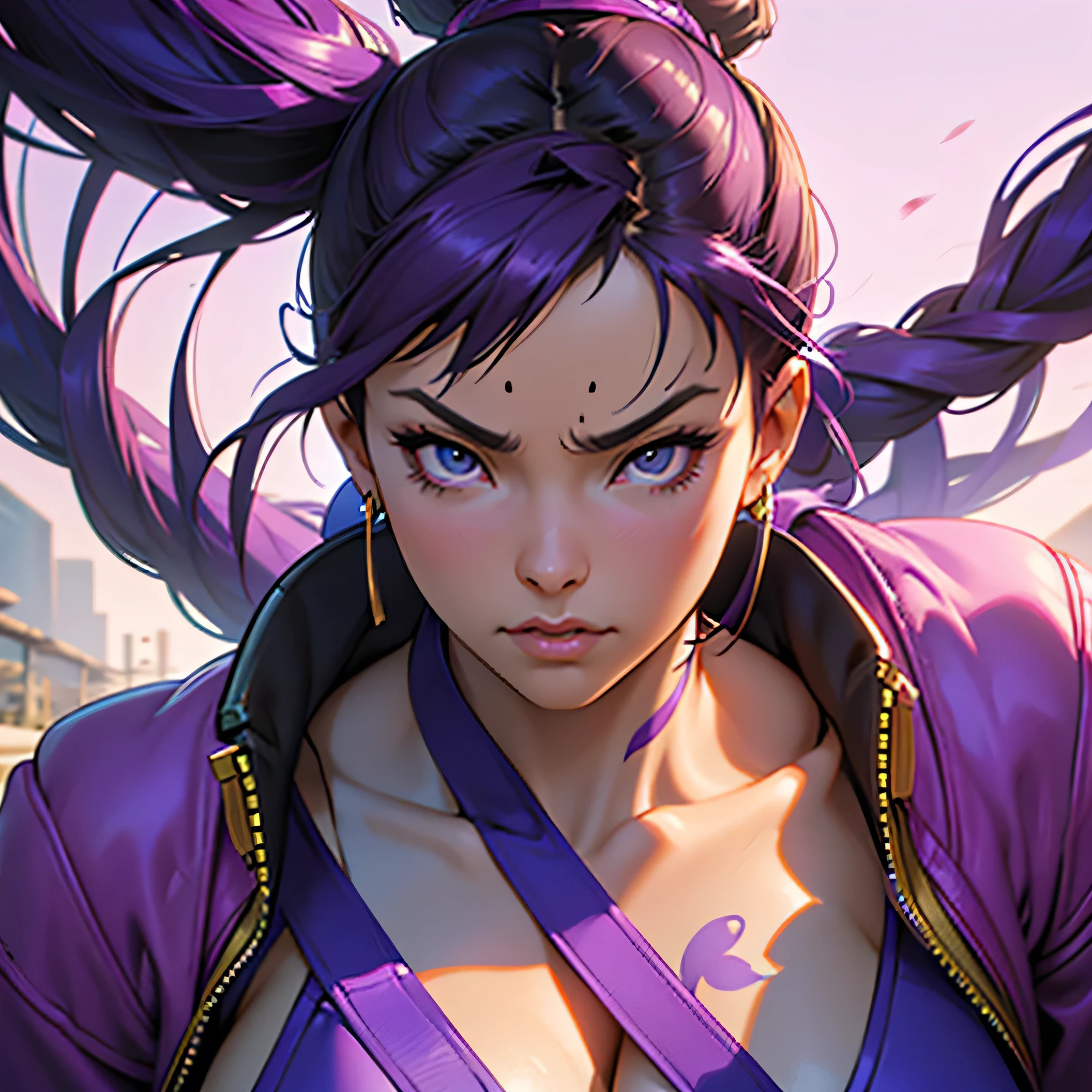 a beautiful detailed close up portrait of a woman with purple hair and a purple jacket, chun-li character from street fighter, badass anime style, extremely detailed by artegerm, unreal engine 3D, video game character, katana zero, chun-li, photorealistic, vivid colors, dramatic lighting, hyper detailed, masterpiece