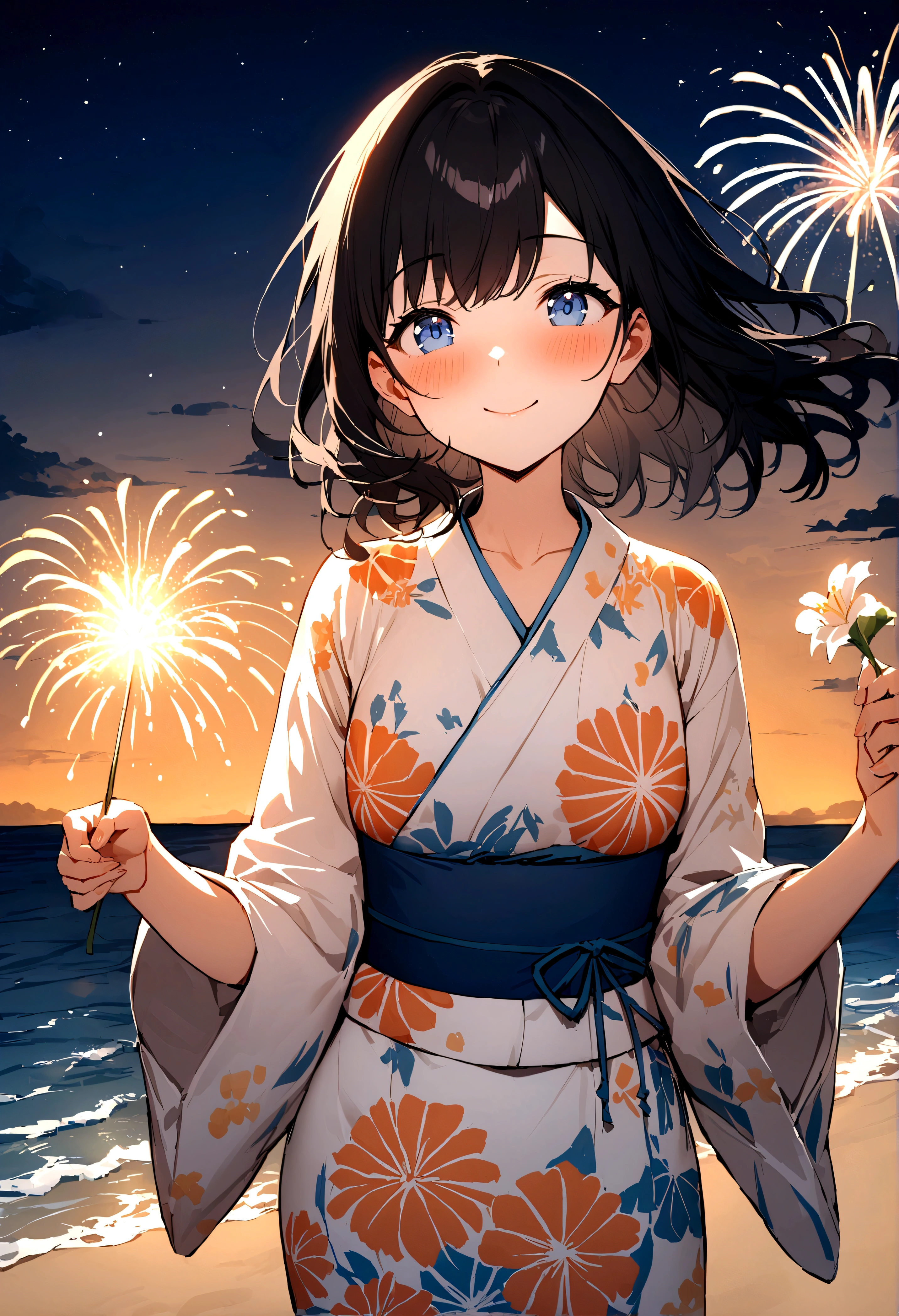 masterpiece, best quality, Summer Kimono,Light-colored kimono,White-headed flower,Blue Eyes,firework, firefly,Beach, Smile, Night Sky, Black hair,((Walk by the sea)),blush