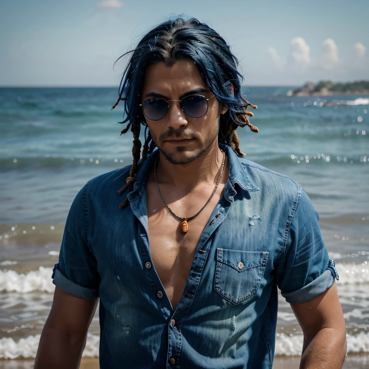 8k,cinematic,realistic, photograph, blured lens around, Tecpix, poros no rosto, waterdrops on face, A man with dark blue hair in dreadlocks. He is wearing blue round sunglasses, a blue denim shirt, a yellow shirt, ripped jeans, a carrot orange glove, and barefoot,. He also wears some necklaces and a bracelet on his left wrist. He's on a beach stepping on a water wave.