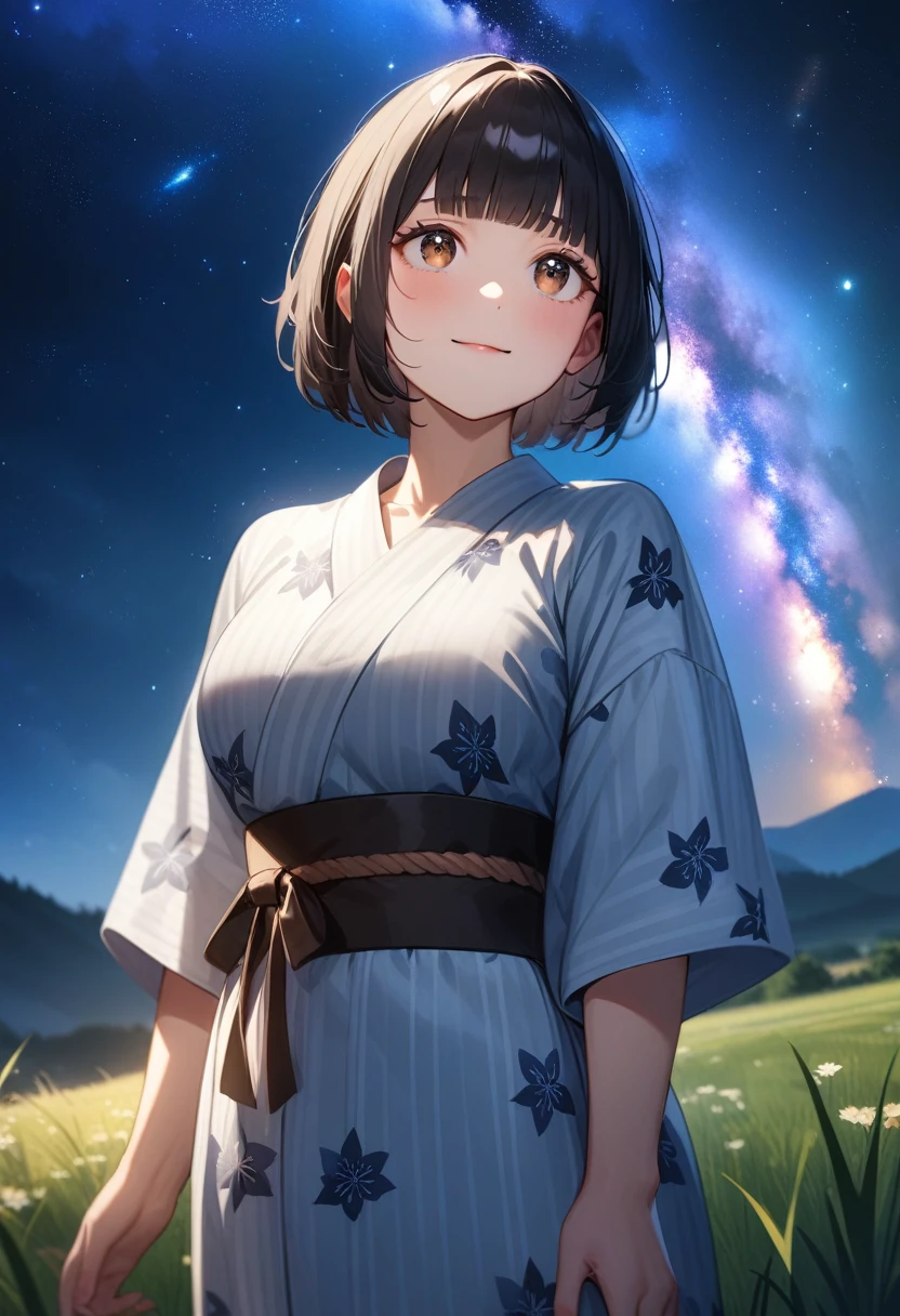 masterpiece, best quality, very aesthetic, absurdres, source anime, anime, (realistic:0.5), super detailed, extreme detailed, general,
1girl, looking up, light smile, (sad:0.5), cowboy shot, from below,
BREAK girl, 22yo, short hair, bob cut, (blunt bangs), black hair, (tareme, detailed cute brown eyes), curled eyelashes, (large breasts:0.9),
shiny hair, beautiful detailed eyes, beautiful face,
yukata, outdoors, grasslands, plain, summer, night, beautiful sky, ((Milky Way)), night, star night, particle lighting,,