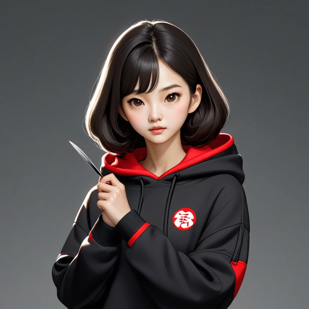 Kang Sae-byeok, Squid Game, Jung Ho-yeo, holding a knife with her hand, wearing a black hoodie with red details, simple background,cool anime pose, realistic, realistic proportions, brown eyes
