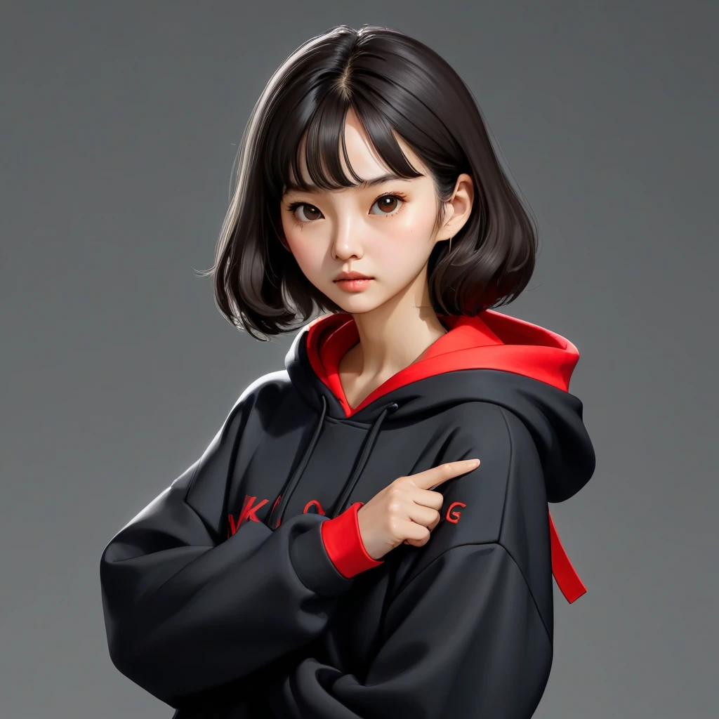 Kang Sae-byeok, Squid Game, Jung Ho-yeo, holding a knife with her hand, wearing a black hoodie with red details, simple background,cool anime pose, realistic, realistic proportions, brown eyes
