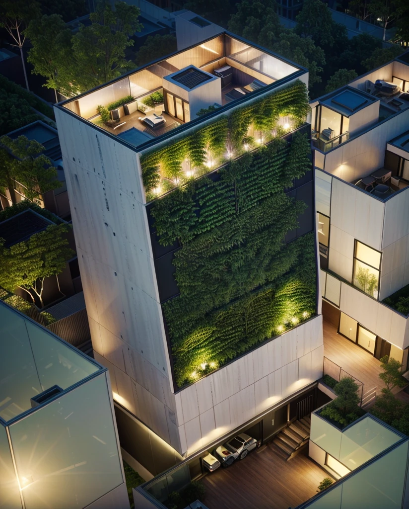 Skyscraper office building with green trees at night，Alafud View，High-rise office building illuminated at night, skyscraper forest community, skyscrapers with greenery, neo kyiv, full building, Surrealism,  Vincent Callebaut, Vincent Callebaut composition, Sunny Day, Architectural renderings, Aerial View, detailed picture,Architectural Visualization，masterpiece，High Detail，HD resolution，8K，