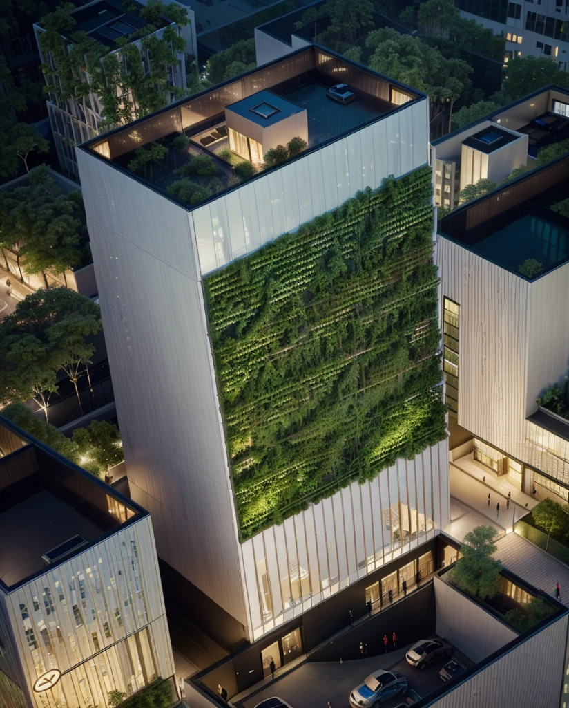 Skyscraper office building with green trees at night,Alafud View,High-rise office building illuminated at night, skyscraper forest community, skyscrapers with greenery, neo kyiv, full building, Surrealism, Vincent Callebaut, Vincent Callebaut composition, Sunny Day, Architectural renderings, Aerial View, detailed picture,Architectural Visualization,masterpiece,High Detail,HD resolution,8K,