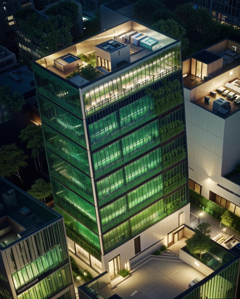 Skyscraper office building with green trees at night,Alafud View,High-rise office building illuminated at night, skyscraper forest community, skyscrapers with greenery, neo kyiv, full building, Surrealism, Vincent Callebaut, Vincent Callebaut composition, Sunny Day, Architectural renderings, Aerial View, detailed picture,Architectural Visualization,masterpiece,High Detail,HD resolution,8K,