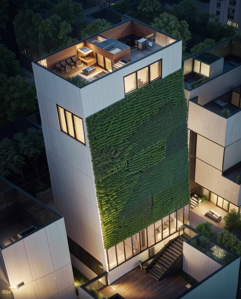 Skyscraper office building with green trees at night,Alafud View,High-rise office building illuminated at night, skyscraper forest community, skyscrapers with greenery, neo kyiv, full building, Surrealism, Vincent Callebaut, Vincent Callebaut composition, Sunny Day, Architectural renderings, Aerial View, detailed picture,Architectural Visualization,masterpiece,High Detail,HD resolution,8K,