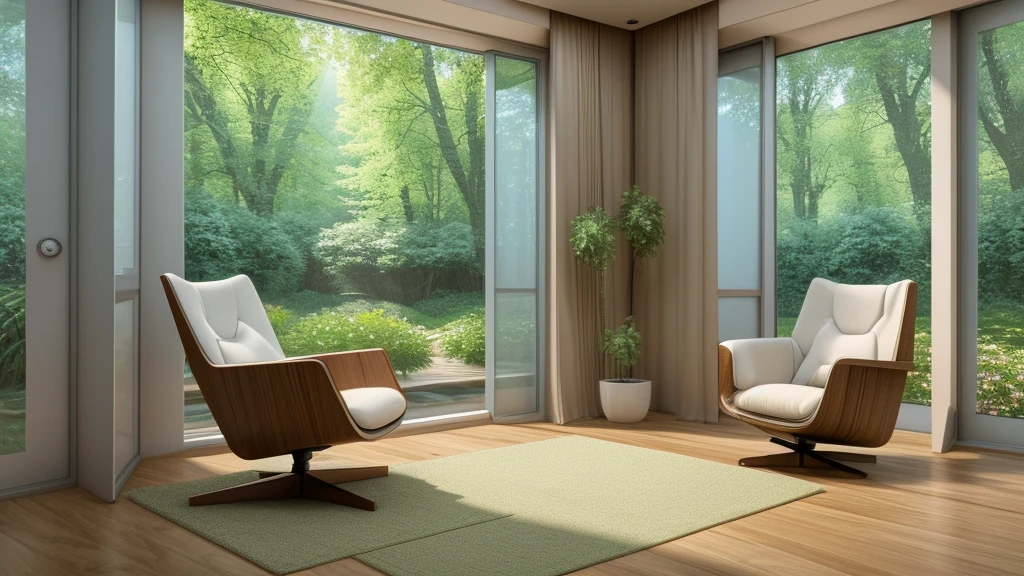 In a futuristic minimalist high-tech Lofi style room, Holographic projection recreates the soft feeling of sunlight filtering through trees, Create a warm and nostalgic atmosphere. Sit in an ergonomic armchair,Covered with soft cloth, The protagonist is immersed in a tranquil environment designed virtually. Professional sound system plays relaxing music, Lo-fi soundtrack, Accompanied by the sound of a gentle stream, Provide smooth、Immersive listening experience. The breeze generated by the ventilation system plays with digital images of leaves on the ground, Creating a symphony of comfort and nostalgia. In the background, Quiet city sounds in the distance,The volume is low, Evoke a feeling of softness, Contemplative Melancholy. A holographic tablet rests on my lap., The protagonist calmly observes the digital page, Occasionally becomes lost in thought when interacting with the dancing leaf animation. Low-fi birdsong echoes softly through low-profile speakers, Adding nature to the environment、A sense of ease. Every step on the soft floor makes a soft sound, Providing a sense of calm and comfort to the protagonist immersed in the digital world. In this moment of contemplation, The bedroom provides a quiet place for people to escape from the hustle and bustle of the outside world., Let the protagonist immerse himself in the simplified and nostalgic beauty of virtual nature. 8k resolution.